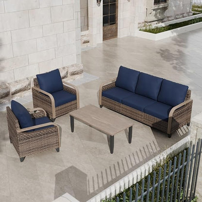 COOS BAY Modern Wicker Outdoor Furniture Set, Patio Conversation Set with Patio Chairs, 3 Seat Couch, and Side Table, 4 Piece, Brown/Blue
