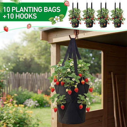 SATINIOR 10 Pack Upside Down Strawberry Planter Set Hanging Vegetables Grow Bags with 10 S Hooks, 3 Gallon Fabric Planting Bags for Easy Vertical Gardening(Black)