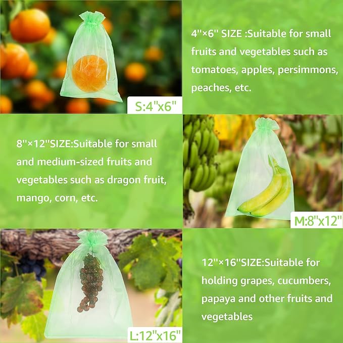MIXC 100 Pcs Fruit Protection Bags, 12''×16''Fruit Netting Bags for Fruit Trees Fruit Cover Mesh Bag with Drawstring Netting Barrier Bags for Plant Fruit Flower