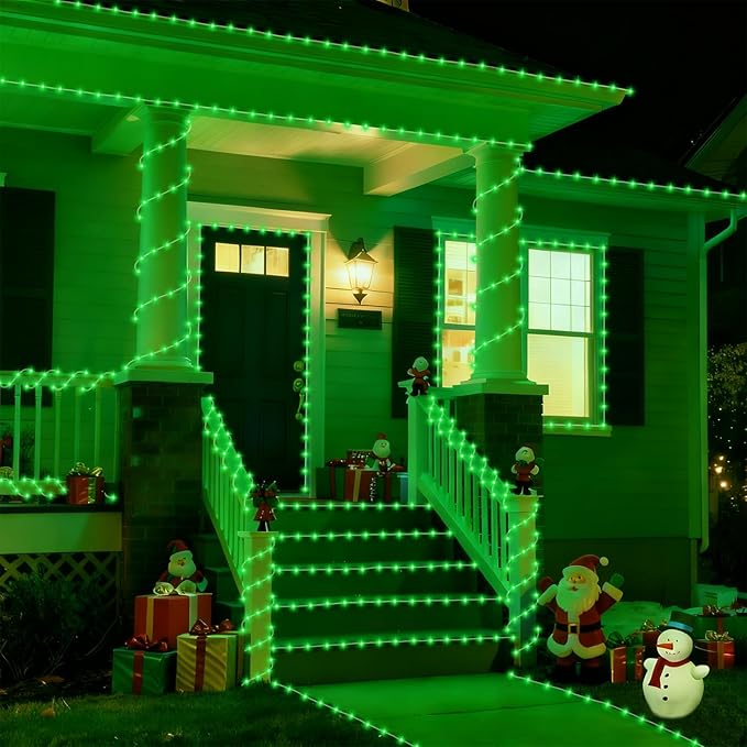 YEGUO Solar Christmas Lights Outdoor Waterproof, 2 Packs Each 33ft 100 LED Rope Lights, 8 Modes Fairy String Lights in Clear Thin Tube for Camping Fence Patio Garden Trampoline Deck(Green)