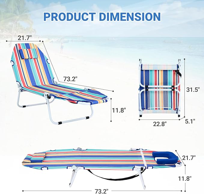DoCred Heavy Duty Tanning Chair with Face Hole, Adjustable 5-Position Folding Chaise Lounge Chairs for Outside, Portable Lay Flat Beach Lounge Chair for Outdoor Sunbathing Beach Pool Lawn Camping