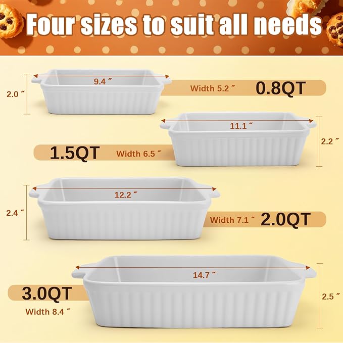 Casserole Dishes for Oven, Baking Dish for Oven, Ceramic Baking Dishes Set for 4, Rectangular Baking Pan with Handle for Baking, Cooking-Oven Safe, White (9.5"/11.2"/12.2"/14.5")