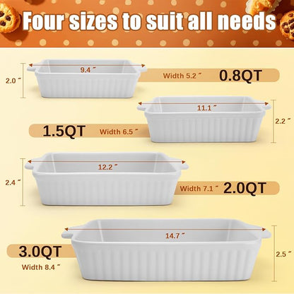 Casserole Dishes for Oven, Baking Dish for Oven, Ceramic Baking Dishes Set for 4, Rectangular Baking Pan with Handle for Baking, Cooking-Oven Safe, White (9.5"/11.2"/12.2"/14.5")