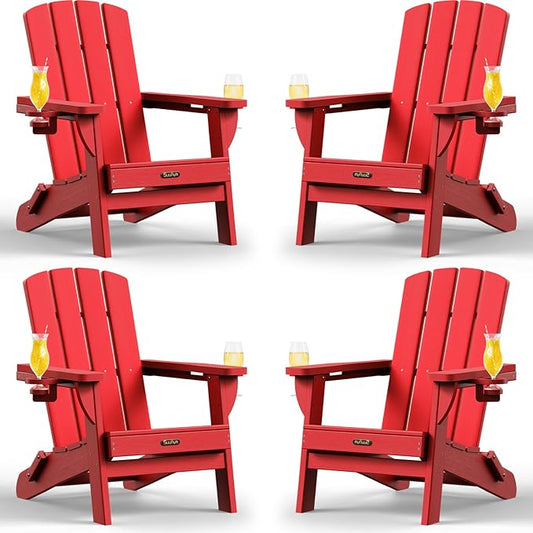 Folding Adirondack Chair 4 Pack, HDPE All-Weather Fire Pit Chairs, Plastic Adirondack Chairs with 2 Cup Holder, Outdoor Lawn Chair for Patio Garden (Red)