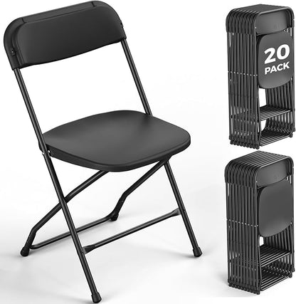 20 Pack Black Plastic Folding Chairs, Outdoor Portable Folding Chair with Steel Frame, 350lbs Capacity Stackable Foldable Chairs for Patio, Garden, Picnic, Kitchen, Events