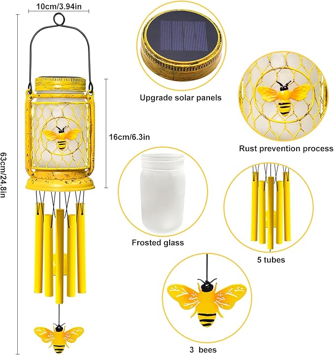 1 Pack Solar Bee Wind Chimes for Outside, Mother' s Day Gifts for Mom Women Grandma, Solar Mason Jar Wind Chime Light Unique Hanging Wind Chimes Outdoor, IP65 Waterproof for Yard Garden Terrace