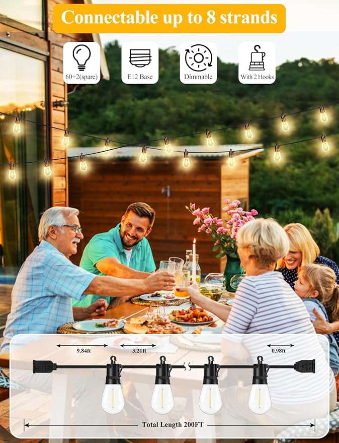 Brightever Outdoor String Lights Waterproof, 200FT Extra-Long LED Patio Lights with 62 Shatterproof S14 LED Bulbs, Vintage Edison String Lights for Outside, 2700K Warm White Deck Lights for Party