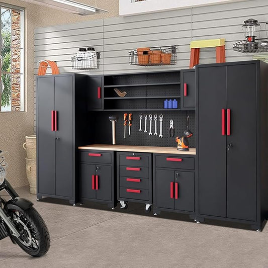 Red Garage Cabinet Storage System 9-Pcs Workshop Set Garage Cabinet and Storage System for Tool Organization