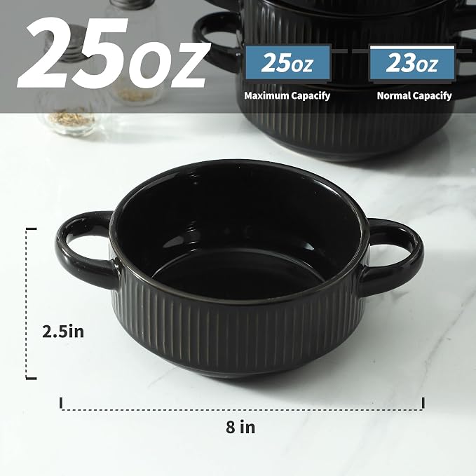 Soup Bowls with Handles, 23 oz French Onion Soup Crocks, Stackable Soup Bowl Oven Safe for Chili, Beef Stew, Embossment Ceramic Bowl Set - 5.4 Inch, Set of 4,Black
