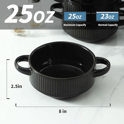Soup Bowls with Handles, 23 oz French Onion Soup Crocks, Stackable Soup Bowl Oven Safe for Chili, Beef Stew, Embossment Ceramic Bowl Set - 5.4 Inch, Set of 4,Black