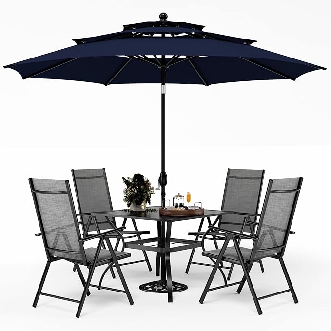 PHI VILLA Outdoor Patio Dining Set with Umbrella (No Base), Patio Table and Chairs Set for 4 with Adjustable Folding Patio Chairs Grey & Metal Square Dining Table