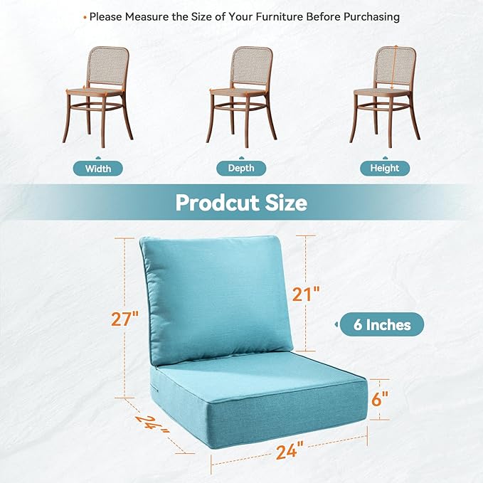 Luxury 6" Outdoor Cushions for Patio Furniture, 24x24x6" Thick Seat Cushion Set of 4, Fade Resistant Couch Chair Replacement Cushions High Density Deep Wicker Chair Cushion w/ Removable Cover, Teal