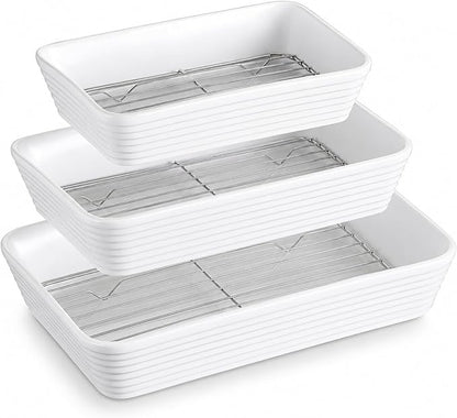 ONEMORE Baking Dishes for Oven, 9x13 Large Casserole Dishes for Oven with Roasting Racks, Rectangular Ceramic Baking Dish Set of 3 for Cooking & Serving, Deep Dish Lasagna Pan (3QT/2.1QT/1.3QT)