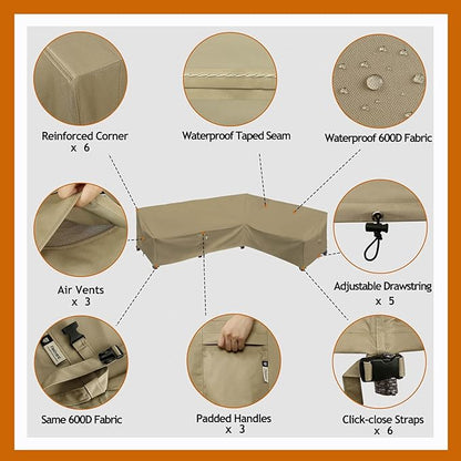 Heavy Duty Outdoor Sectional Sofa Cover, 115"X83" L-Shaped Waterproof 600D Patio Couch Cover, Lawn Patio Furniture Covers (Desert Khaki, L-Shaped-Right Facing-115 x83)