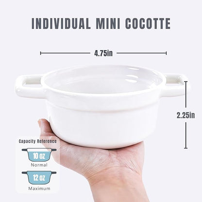 Lareina Mini Cocotte 12oz Ceramic Casserole Dish Set with Lid, White | Small casserole ramekins with handles, oven, microwave & dishwasher safe. Perfect for baking, serving, and individual meals.