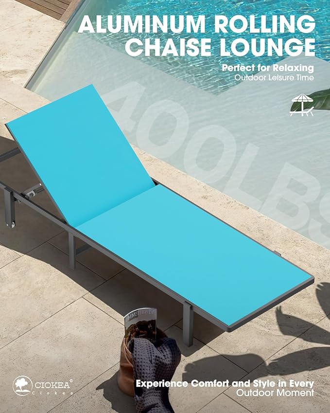 Ciokea Aluminum Chaise Lounge Chair Outdoor with Wheels, Patio Lounge Chair with Adjustable 5-Position Recliner and Full Flat Tanning Chair for Patio, Beach, Pool, Lake Blue