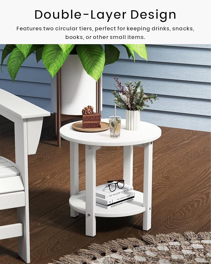 HDPE Round Outdoor Side Table, 18.1-Inch Weatherproof Small Outdoor Table for Adirondack, 2-Tier Patio End Table for Garden Backyard Porch Deck Balcony Poolside (White)