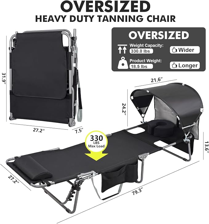 Oversized Extra Wide Tanning Chair with Sun Canopy Face Hole Padded Adjustable Washable, Heavy Duty Layout Folding Lounge Chair for Outside Beach Reading Sunbathing, UPF 50+, XL, Plus Size, 330 LBS