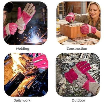 Leather Work Gloves for Women with Cotton Lining, Thorn Proof Gardening Gloves for TIG/MIG Welding, Construction (Rose Red, X-Small)