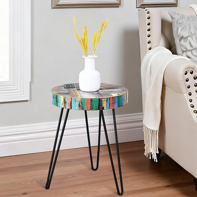 Vintage Round Thick Wood Side Table 15" x 15" x 20" H Accent Reclaimed Wood Multi Color Coffee Tables Solid Rustic Plant Stand Outdoor End Tables Living Room Patio Bedroom