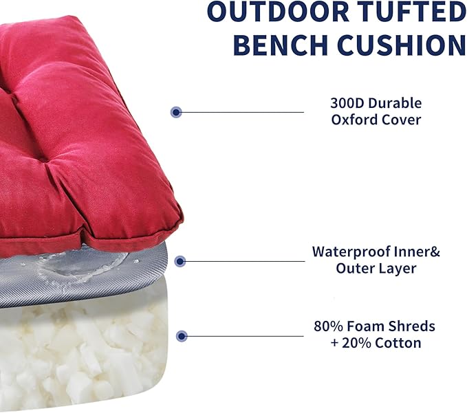 IPYNBAP Outdoor Bench Cushion, 48x18x5 Inch, Waterproof Bench Cushion for Outdoor/Indoor Furniture, Tufted Patio Bench Seat Cushion, Fade Resistant Outdoor Cushions for Porch Swing Couch, Burgundy