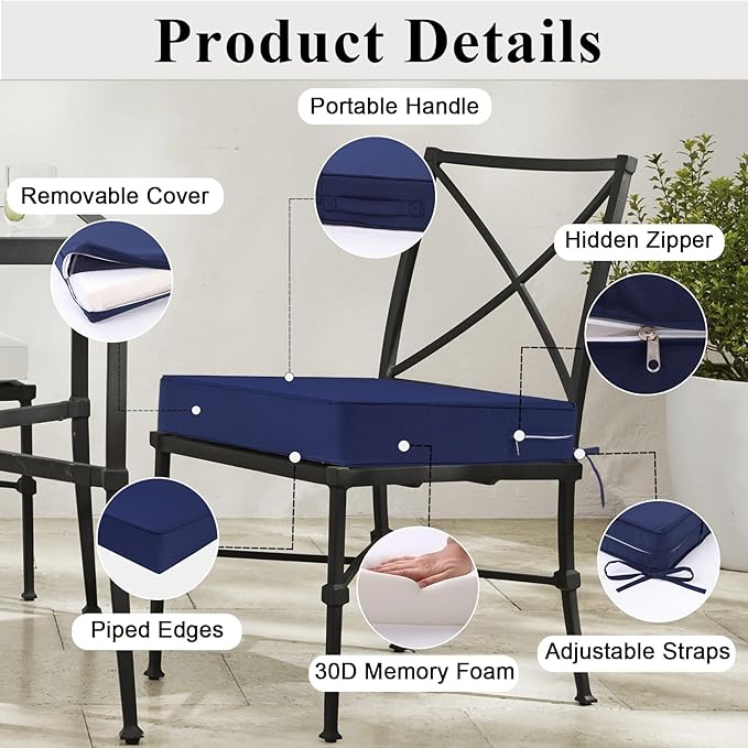Outdoor Chair Cushions 22x22x4 Inch, Waterproof Blue Patio Furniture Cushions Set of 2 with Ties & Handle, 3 Year Color Fastness Square Replacement Seat Cushions for Sofa, Couch