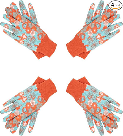 HANDLANDY 4 Pairs Women Garden Gloves, Cotton Ladies Soft Jersey Gardening Gloves with PVC Dots, Floral Yard Work Gloves