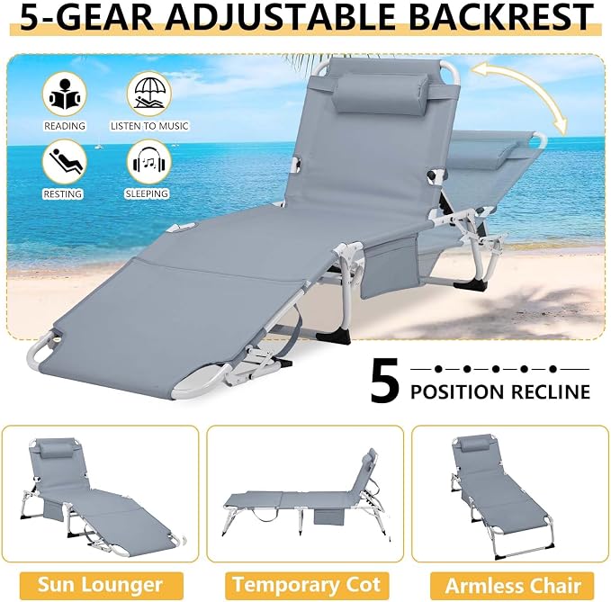HRVEOCEI 3-in-1 Sun Tanning Chair with Face Hole,Adjustable 5-Position Folding Laying Out Chairs for Tanning,Outdoor Face Down Beach Lounger Sun Bathing Lounge Chair for Pool Deck Patio (Grey)