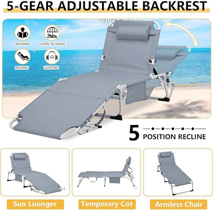 HRVEOCEI 3-in-1 Sun Tanning Chair with Face Hole,Adjustable 5-Position Folding Laying Out Chairs for Tanning,Outdoor Face Down Beach Lounger Sun Bathing Lounge Chair for Pool Deck Patio (Grey)