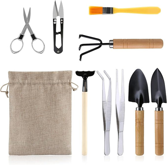 9PCS Basic Bonsai Tools Set, Bonsai Tree Kit Mini Garden Tools Includes Pruning Shears, Mini Rake, Fold Scissors and More