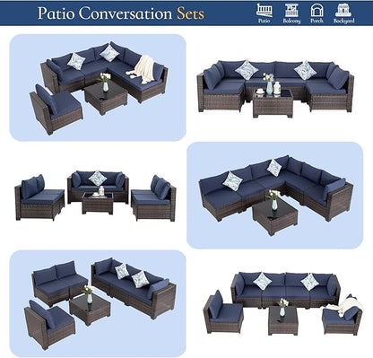 FHFO 7 Piece Outdoor Wicker Patio Furniture Set, Rattan Sectional Sofa Couch, Patio Conversation Set with Cushion & Coffee Table, for Backyard Poolside Porch Garden, Brown-Blue