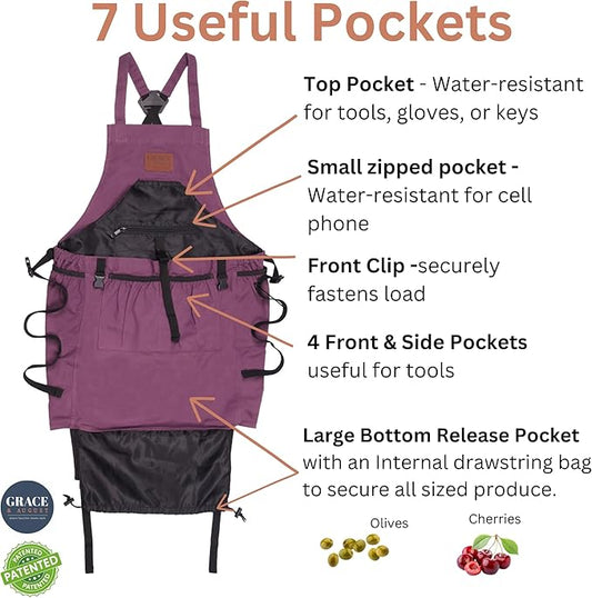 Gardening Apron with Pockets for Women & Men - Garden Apron 7 Pockets & Internal Drawstring Bag - Great Gift