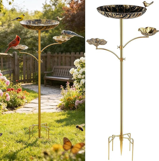HUFAND Triple Bowl Bird Bath for Outside, 3-in-1 Bird Bath & Feeder with 4-Claw Ground Stake, 51in Height, 11.8in Large Top Bowl, Outdoor Birdbath for Garden Patio Yard Decor, Antique Bronze