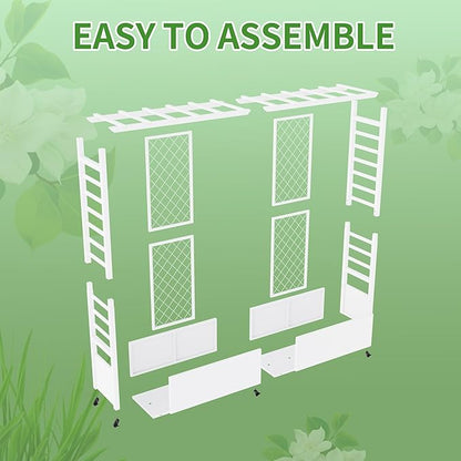 74" Mobile Planter with Trellis,Weatherproof Vertical Raise Garden Bed with Trellis & Hanging Roof for Climbing Plants,Flowers,Vegetables,Rust-Proof Metal Privacy Planter for Patio (White-B)