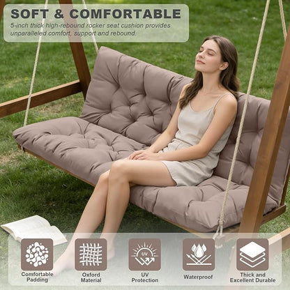 Porch Swing Cushions,Outdoor Cushions 3 Seater Replacement with Backrest, Waterproof Thickened Bench Cushion with Ties for Porch, Patio,Outdoor, Backyard and Garden (Khaki 47 * 40 in)
