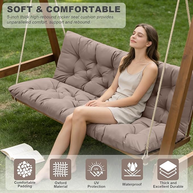 Outdoor Swing Cushions,Waterproof Swing Cushions 3 Seater Replacement with Backrest,Outdoor Thickened Bench Cushion with Ties for Porch,Patio,Backyard,Garden and Lawn (Khaki 60 * 40 in)