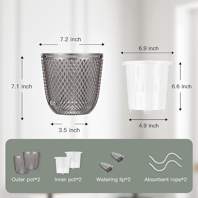 QCQHDU 2 Pack Self Watering Pots, 7.2 Inch Flower Pots with Drainage Holes and Water Filling Port, Plastic Garden Planter for Indoor Outdoor Plants (Gray)