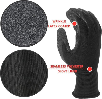 Evridwear Crinkle Latex Rubber Hand Coated Safety Work Gloves for Men Women General Multi Use Construction Warehouse Gardening Assembly Landscaping,Black Medium 120 Pairs Pack