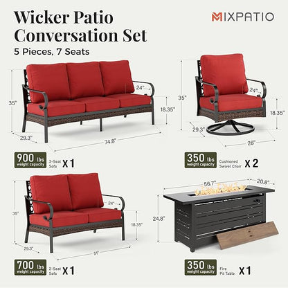Patio Furniture Set with Firepit Table, Black Frame Outdoor Conversation Set with 2 x Swivel Chairs, 1 x 2-Seat Sofa, 1 x 3-Seat Sofa for Lawn Garden Backyard, Red