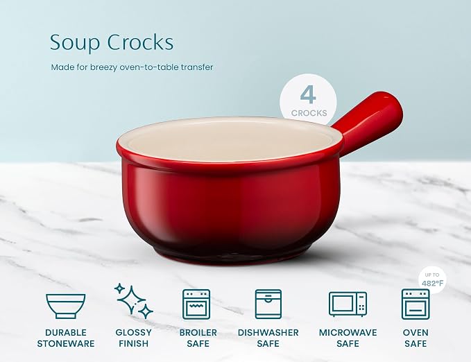 KooK French Onion Soup Bowls, French Onion Crocks, Bowl with Handles, 15 oz, Set of 4, Ceramic Bowls, Microwave, Dishwasher Safe & Oven safe, Stoneware (Red Ombre)