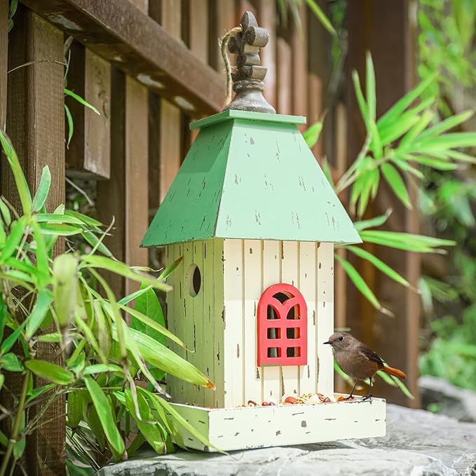 Yinns Village Wooden Cottage Bird House Feeder, Hanging Birdfeeder with Landing Trays,Wood Wild Bird House Feeder Garden Decor