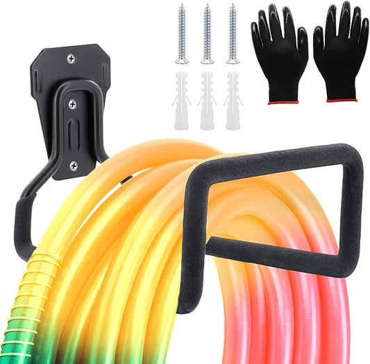 1 Pack Garden Hose Holder, Hose Reel Heavy Duty Hose Hanger, Wall Mounted Water Hose Holder Outdoor/Indoor Metal Durable Hose Hooks Ideal for Water Hose Storage Garden Yard Hold Max 77 Lbs- Black
