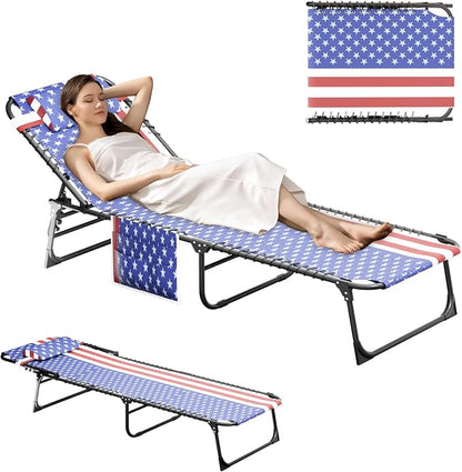 Outdoor Folding Lounge Chair, 4-Level Reclining Backrest Chaise Lounge, Removable Pillow & Side Pocket Design, Portable Tanning Chair for Poolside, Beach, Patio, Backyard, Tricolor Stripe