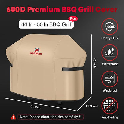 Comnova Grill Cover 51 Inch - 600D BBQ Cover for Outdoor Grill Waterproof and Heavy Duty, 51 Inch Barbecue Gas Grill Covers for Weber, Char-Broil, Nexgrill, Monument, Dyna-glo, Brinkmann and More