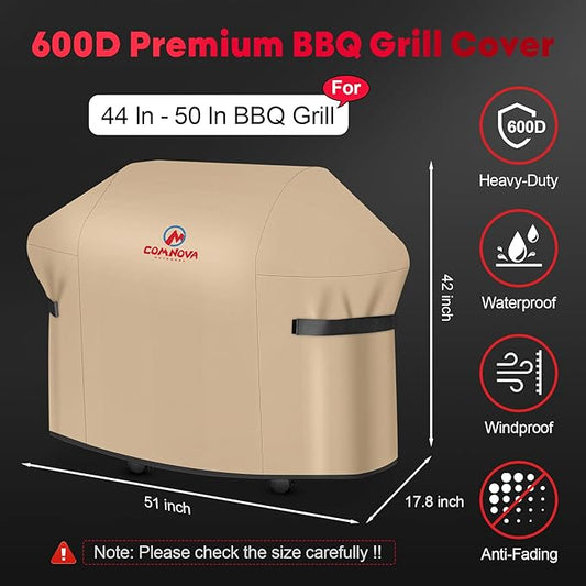 Comnova Grill Cover 51 Inch - 600D BBQ Cover for Outdoor Grill Waterproof and Heavy Duty, 51 Inch Barbecue Gas Grill Covers for Weber, Char-Broil, Nexgrill, Monument, Dyna-glo, Brinkmann and More
