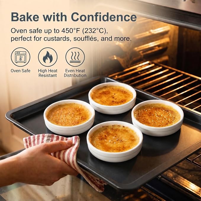 ONEMORE Creme Brulee Ramekins 4 oz Ceramic Baking Dishes, Oven Safe Ramekin Set, Small Porcelain Cups for Souffle, Custard, Dipping Sauce, Stackable White Kitchen Serveware, 14 Pack