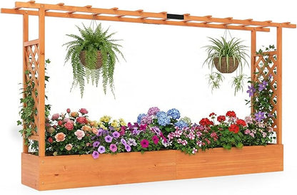 S AFSTAR Raised Garden Bed with Trellis, 2-in-1 Fir Wood Planter Box with Flat Roof & Drainage Holes, Vertical Planter Raised Bed for Climbing Plants, Flowers & Vegetables, 87" x 14" x 45" (Orange)