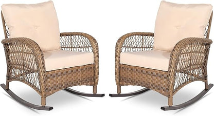VIVIJASON 2 Piece Patio Wicker Rattan Rocker Chair, Outdoor Rattan Rocker Chair with Cushions & Steel Frame, All-Weather Rocking Lawn Wicker Furniture for Garden Backyard Porch (Beige)