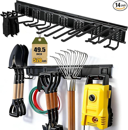 14Pack Garage Tool Organizer Wall Mount, 49.5'' Garage Wall Organizer with 11 Adjustable Hooks, 520lbs Heavy Duty Garage Storage & Organization, Garage Hanging Rack for Garden Yard Tool Shed, Men Gift