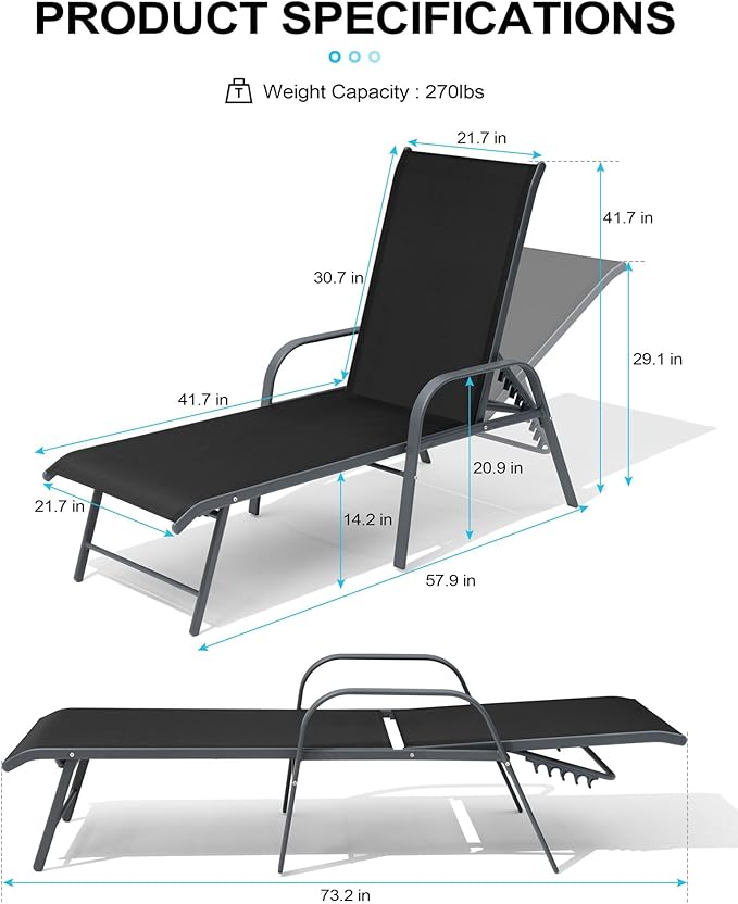 Crestlive Products Lounge Chair Outdoor with Armrests, Pool Lounge Chairs Set of 2, Aluminum Adjustable 5 Positions Tanning Chairs for Outside, Patio, Poolside, Yard, Deck, Backyard (Black)